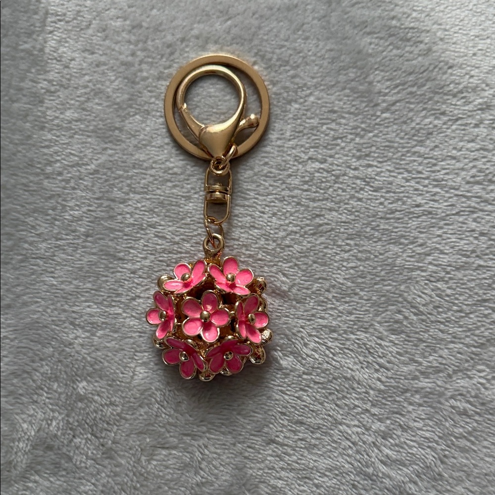 Pink Floral Keychain with Gold Accents